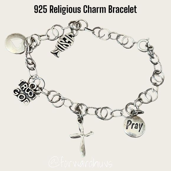 Vintage 925 Silver Religious Charm Bracelet with 5 Charms - SJC Marked - Picture 4 of 10